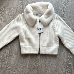 Zara Cream Ribbed Jacket with Faux Fur Collar